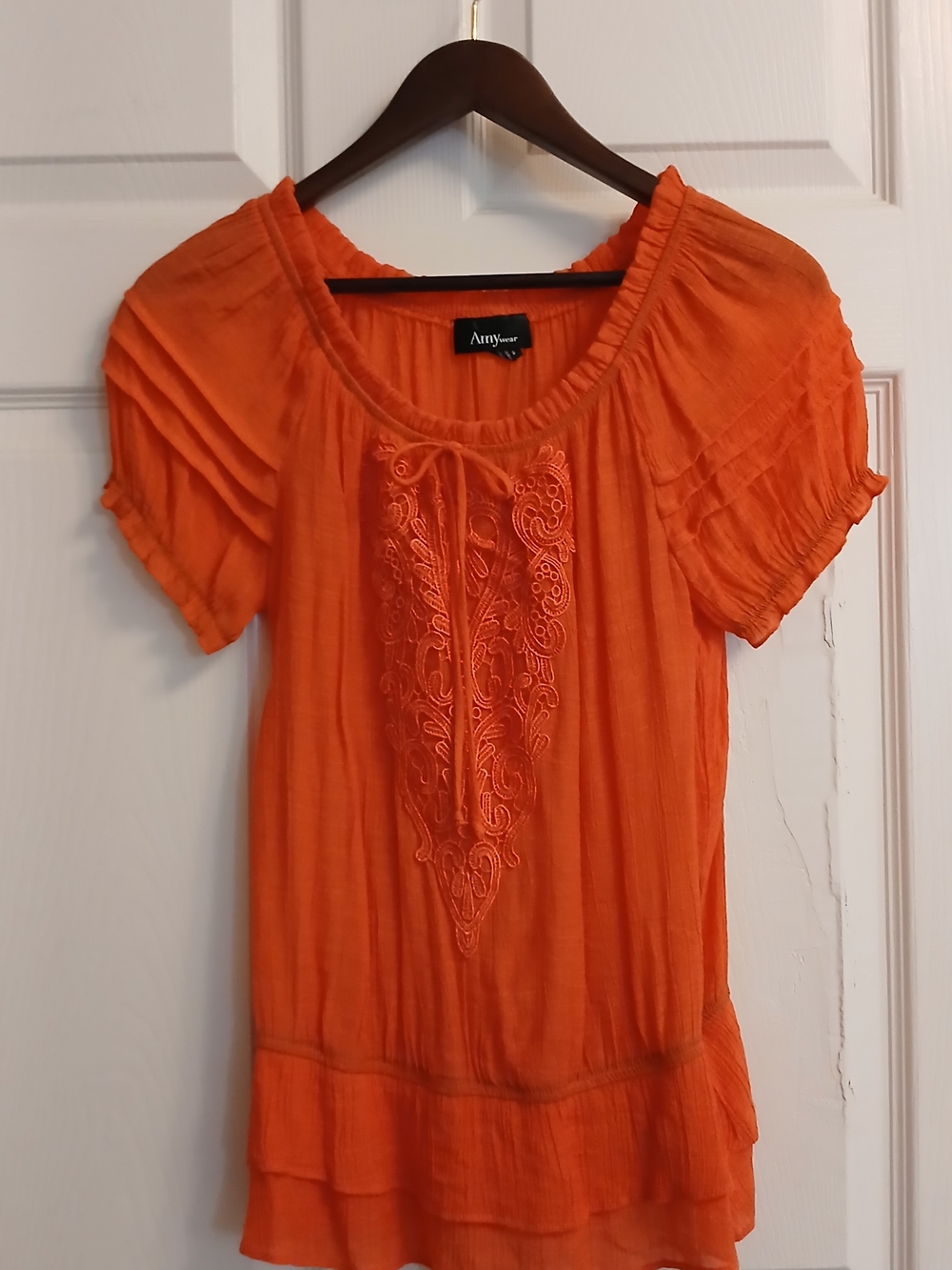 Amy Wear Women's Bright Orange Embroidered Peasant Tunic